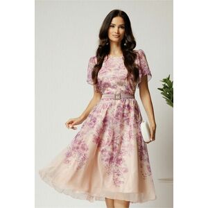 Rochie midi roz din voal in clos cu imprimeu floral si cordon in talie- Viada imagine