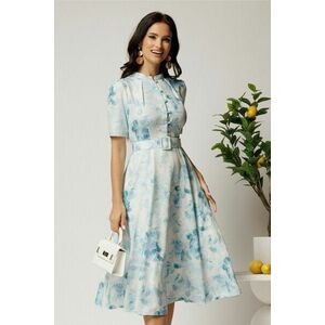 Rochie DY Fashion midi bleu in clos din rayon cu imprimeu floral si curea in talie imagine