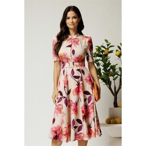 Rochie DY Fashion midi roz in clos din rayon cu flori mari si curea in talie imagine