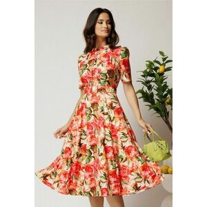 Rochie DY Fashion midi cu flori corai in clos din rayon si curea in talie imagine