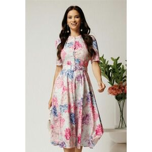 Rochie DY Fashion midi cu flori roz si bleu in clos din rayon imagine