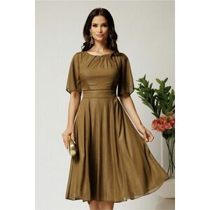 Rochie DY Fashion midi kaki din voal in clos cu fir lurex si accesoriu la decolteu imagine