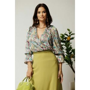 Bluza DY Fashion din satin alba cu imprimeuri mov si decolteu petrecut imagine
