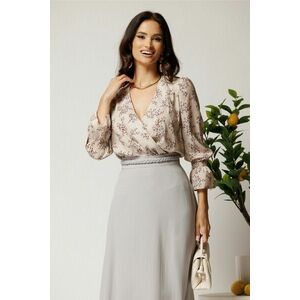 Bluza DY Fashion din satin bej cu imprimeuri florale si decolteu petrecut imagine