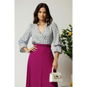 Bluza DY Fashion din satin bleu cu imprimeuri florale si decolteu petrecut imagine