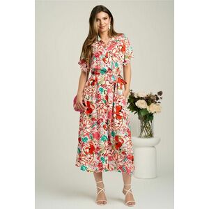 Rochie midi alba cu flori corai din viscoza in clini cu nasturi si cordon in talie imagine
