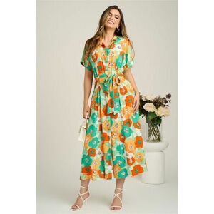 Rochie midi cu flori verde mint si orange din viscoza in clini cu nasturi si cordon in talie imagine