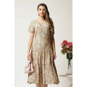 Rochie midi bej din viscoza cu imprimeuri florale maro imagine