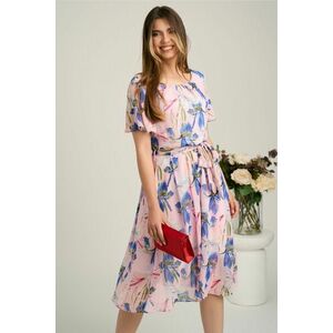 Rochie midi roz din voal cu imprimeuri floreale albastre si cordon in talie imagine