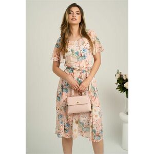 Rochie midi somon din voal cu imprimeuri floreale bleu si cordon in talie imagine