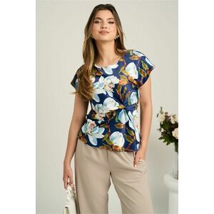 Bluza bleumarin din satin cu imprimeu floral si nod in talie imagine