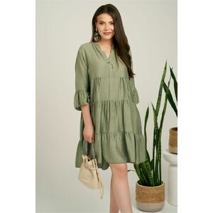 Rochie midi kaki din tencel creponat cu croi tip A si nasturi la bust imagine
