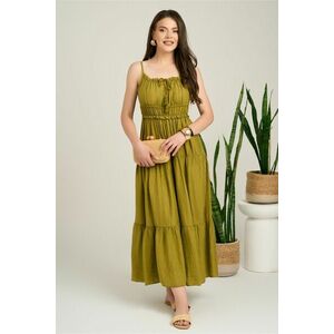 Rochie lunga verde lime din tencel creponat in clos cu ciucuri la bust imagine