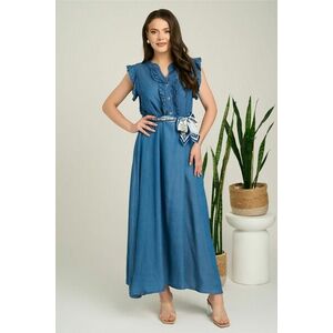 Rochie lunga albastra din denim in clos cu nasturi la bust si cordon in talie imagine