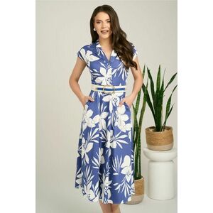 Rochie midi albastra din bumbac in clos cu flori si curea in talie imagine
