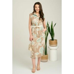 Rochie midi bej cu imprimeu verde mint din tencel cu elastic si curea in talie imagine