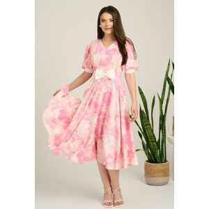 Rochie DY Fashion midi roz din satin in clos cu print alb si funda in talie imagine
