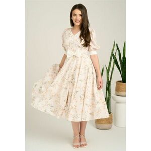 Rochie DY Fashion midi bej din satin in clos cu print floral si funda in talie imagine