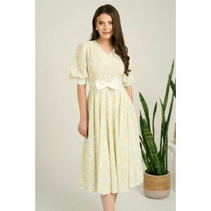 Rochie DY Fashion midi verde din satin in clos cu print bej si funda in talie imagine