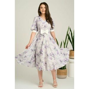 Rochie DY Fashion midi lila din satin in clos cu print mov si funda in talie imagine
