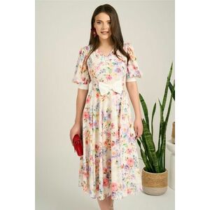 Rochie DY Fashion midi alba din satin in clos cu print floral roz si funda in talie imagine