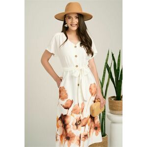 Rochie midi alba din satin cu imprimeuri florale maro la baza si cordon in talie imagine