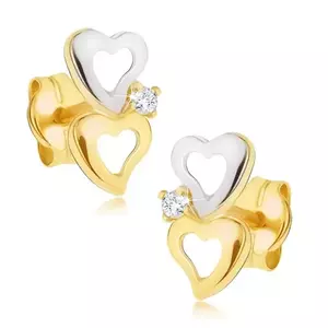 Cercei din aur 14K inimi în două tonuri cu zircon clar imagine