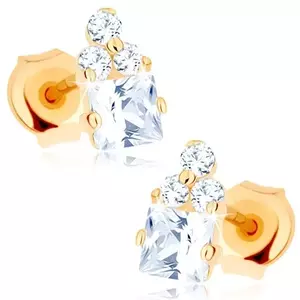 Cercei din aur de 9K cu zircon pătrat și trio de zirconi rotunzi imagine