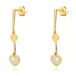 Cercei din aur de 14K cu o linie de două inimi și ornamente din zirconiu imagine