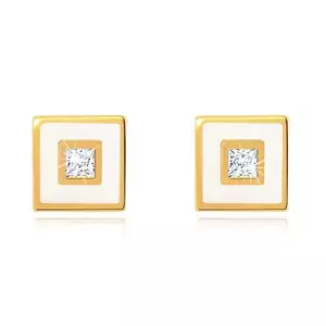 Cercei din aur de 14K cu design pătrat cu email și zirconiu imagine