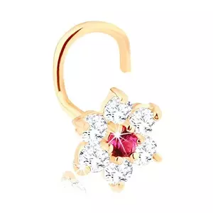 Piercing curbat pentru nas din aur galben 14K - zirconiu și floare cu rubin imagine
