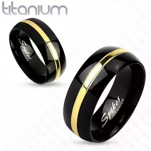 Inel negru din titan, suprafață lucioasă rotunjită, fâșie aurie, 8 mm - Marime inel: 59 imagine