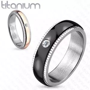 Inel din titan, argintie, fâșie neagră cu zirconiu, caneluri, 6 mm - Marime inel: 59 imagine