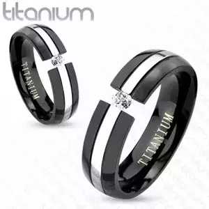 Inel negru din titan, suprafață rotunjită, fâșie argintie, zirconiu, 6 mm - Marime inel: 49 imagine
