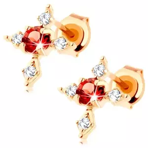 Cercei din aur galben de 14K - cerculeț cu brațe din zirconii transparente, garnet roșu imagine