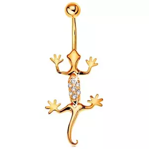 Piercing pentru buric din aur galben 9K - șopârlă decorată cu zirconii transparente imagine