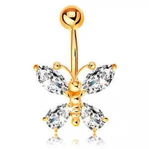 Piercing pentru buric din aur galben 14K - fluture cu aripi din zirconii transparente imagine