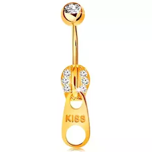 Piercing pentru buric din aur galben 14K - fermoar decorat cu zirconii și inscripția KISS imagine