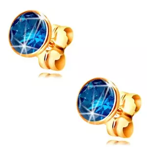 Cercei din aur galben 14K - zirconiu albastru închis rotund în montură, 5 mm imagine