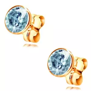 Cercei din aur galben 14K - zirconiu albastru rotund în montură, 5 mm imagine