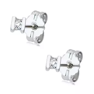 Cercei din aur alb 585 - diamant lucios, transparent între 2 bări imagine