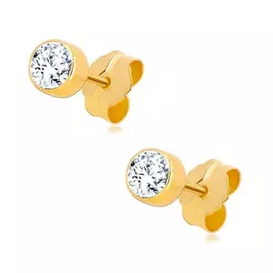 Cercei din aur galben de 14K - zirconiu rotund transparent, într-un suport stralucitor, 4 mm imagine