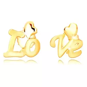 Cercei din aur galben 9K - inscripție despărțită „Love”, inimi asimetrice, închidere tip fluturaș imagine