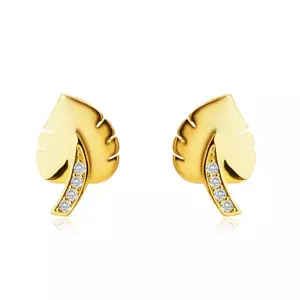 Cercei din aur galben de 14K - frunze „Monstera”, tulpină decorată cu diamante imagine