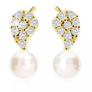 Cercei din aur de 14K cu diamante - motiv frunză, diamante clare, perle albe de apă dulce imagine