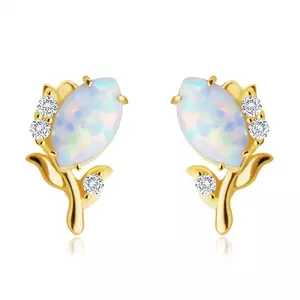 Cercei din aur galben 14K - floare cu opal sintetic alb, diamante strălucitoare imagine
