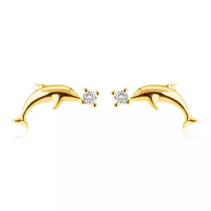 Cercei din aur galben 14K - delfin lucios neted, diamant rotund strălucitor imagine