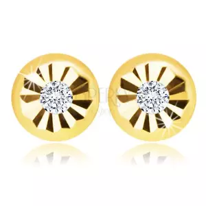 Cercei din aur galben de 14K - floare rotundă, diamante clare, închidere de tip fluturaș imagine
