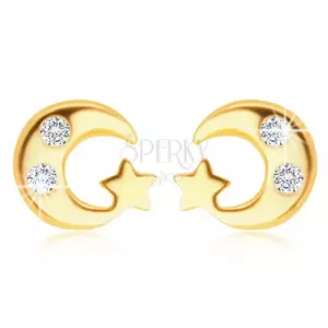 Cercei din aur galben de 14K - lună strălucitoare și o stea, diamante clare imagine