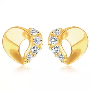 Cercei cu diamante din aur galben de 14K - inimă cu o linie ondulată, briliante transparente imagine